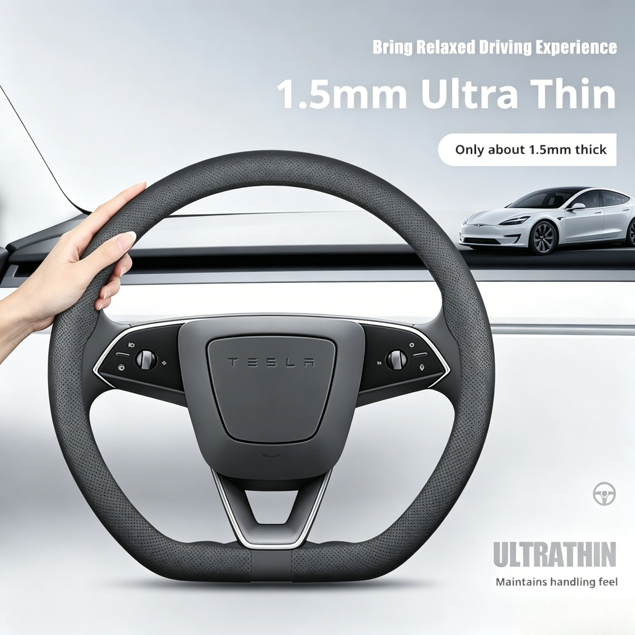 1.5MM Ultra Thin Nappa Leather Steering Wheel Cover Premium 37-38CM 15 Inch For Tesla Model Y Model 3 Car Interior Accessories