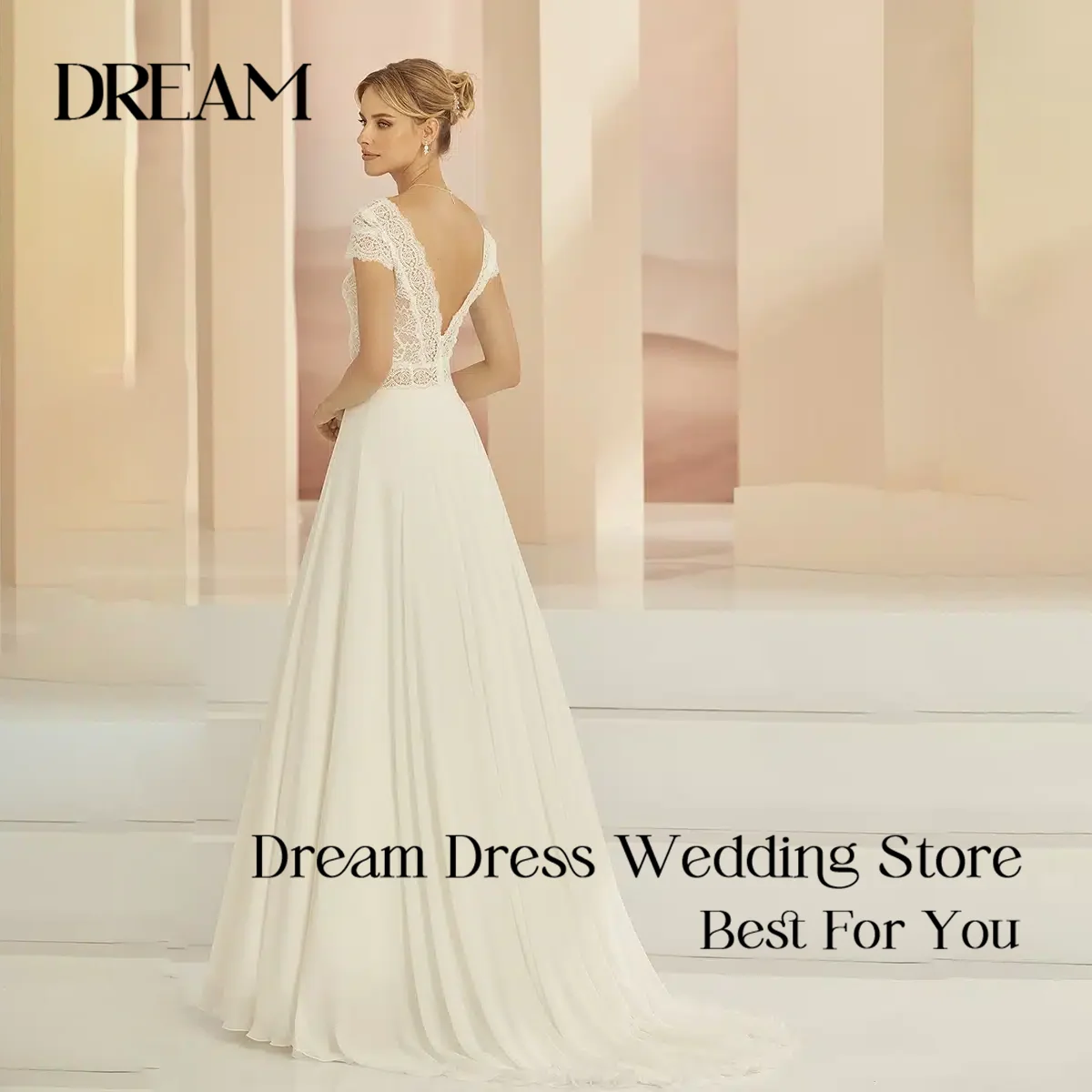 Dream Customized Boho Bohemian Wedding Dress V Neck Short Sleeve Lace Bodice Flowy Chiffon A Line Bridal Gowns Vestidos De Novia