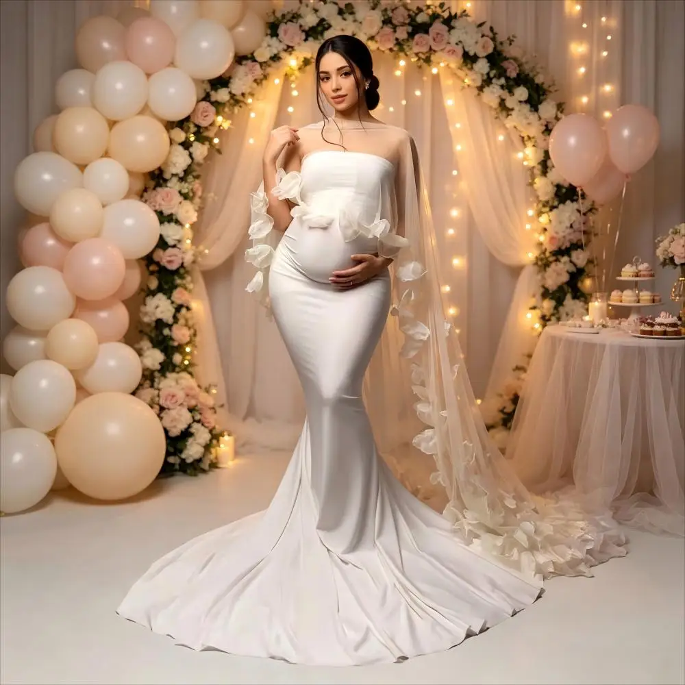 White Strapless Fishtail Pregnant Woman Photo Dress with Three-dimensional Flower Mesh Cloak Maternity Dresses Custom Made Robe