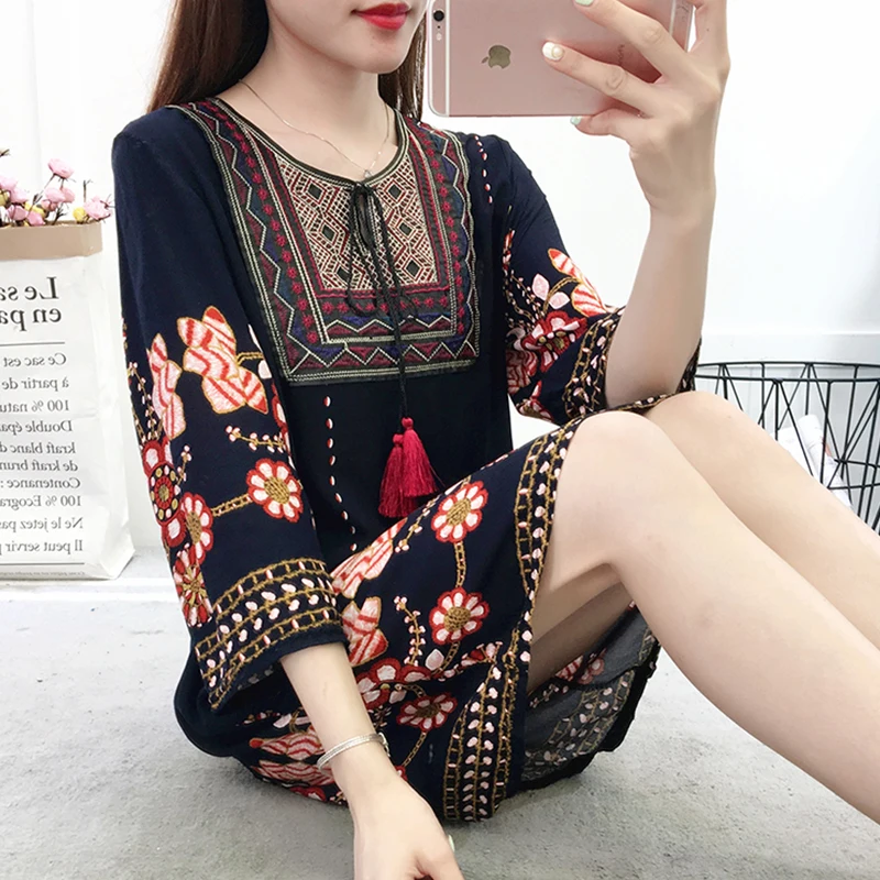 Abito da spiaggia Boho ricamato in cotone sciolto stile etnico Abito longuette estivo casual con nappe a fiori