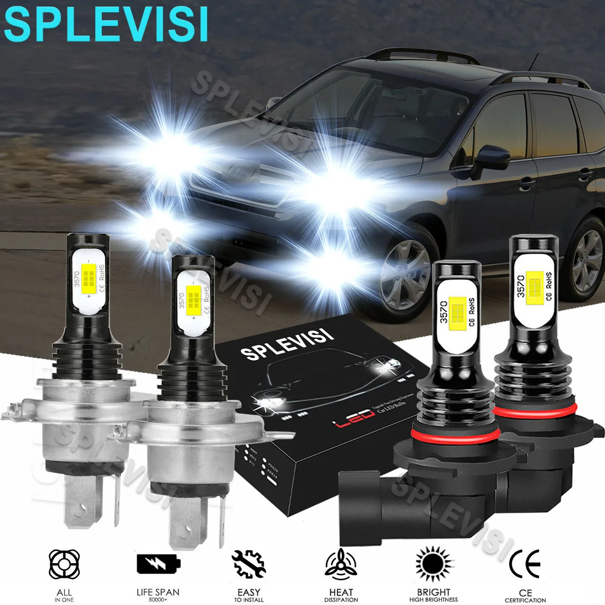 

4x LED White Headlight High/Low Beam Fog Light Bulbs 6000K For Subaru Forester 1998-2002 Kia Rio 2012-2020 Ford Focus 2003-2004