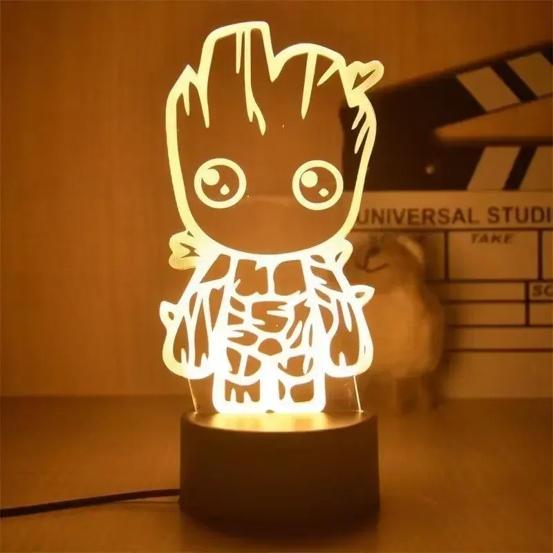 Marvel Groot 3D светодиодный ночник Модель игрушки Аниме Дерево человек Грут Фигурки Детская кровать Декор комнаты Подарки на день рождения для мальчиков