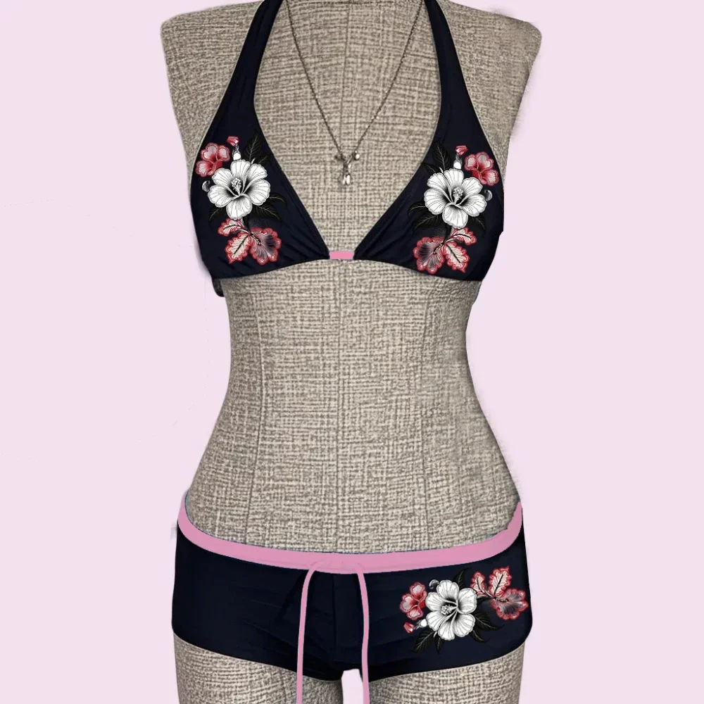 2025년 신상 여름 수영복 비키니 세트 섹시 프린트 레이스 백 네이키드 비키니 2피스 세트 여성 수영복 슬릿 비치 비키니