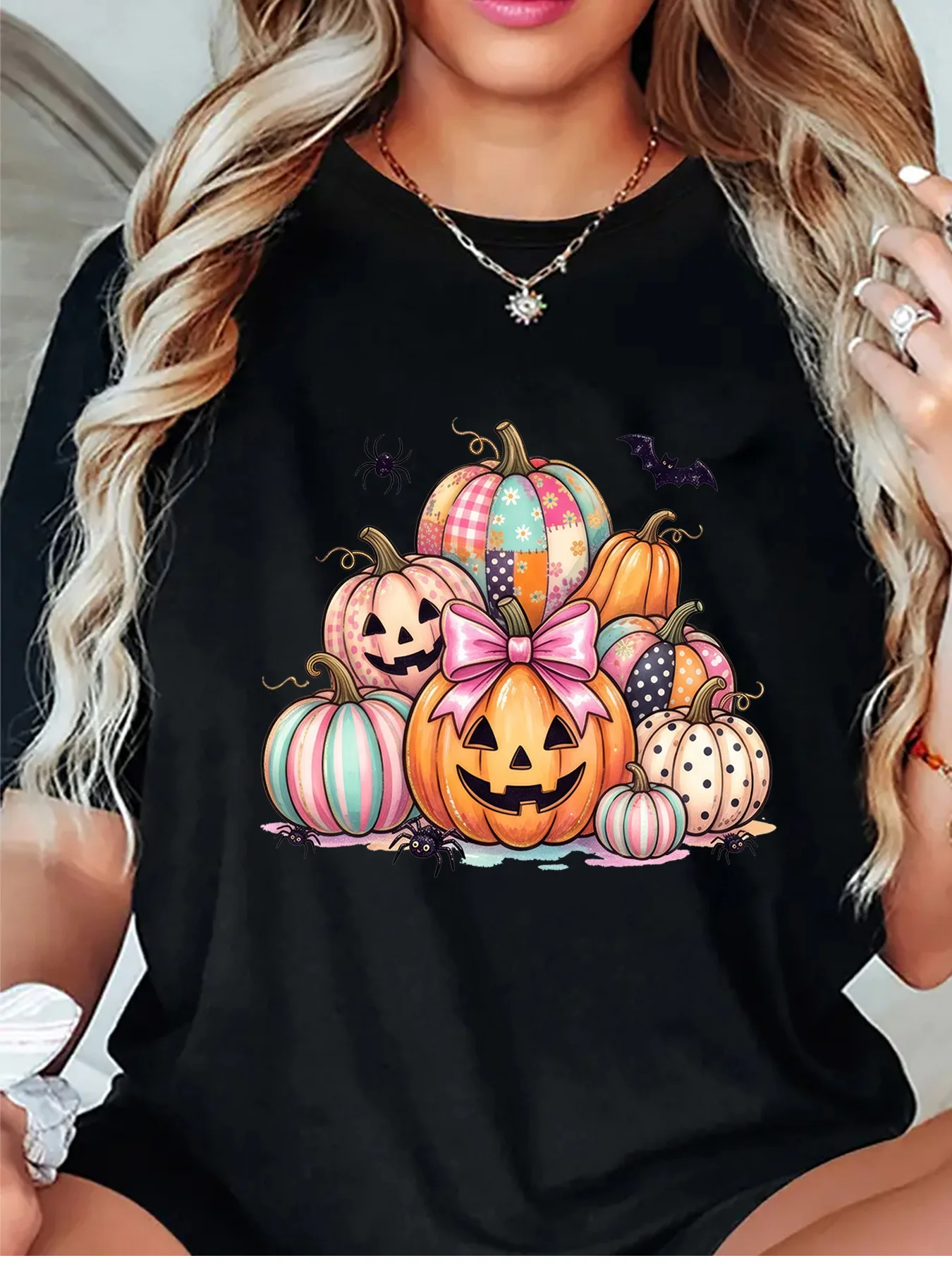 Cute Stacked Pumpkin Pink Bow Spider Bat Halloween Art Graphic Womens T Shirt Short Sleeve Crew Neck Casual Ladies Tee Tops
