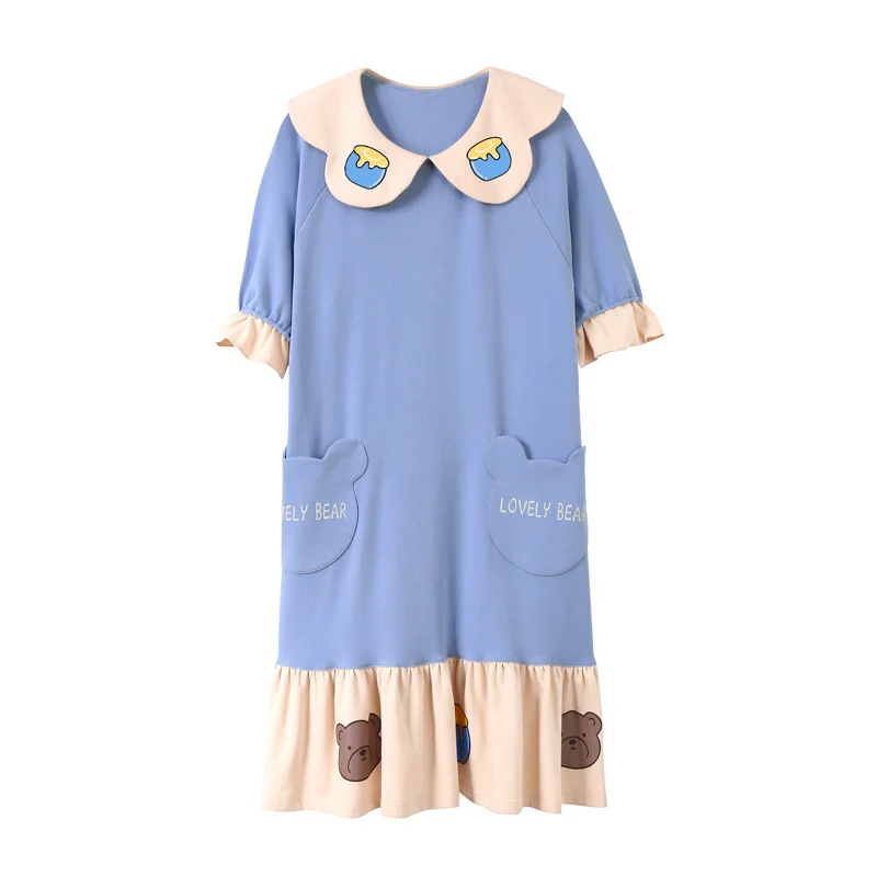 

summer short sleeved medium long sleeping dress women's knitted cotton loose long dress lovely sweet women's home clothes