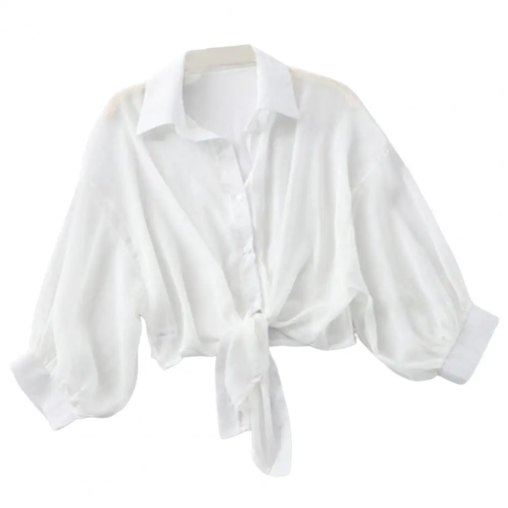 Beautiful Outdoor Shirt Lapel Breathable Tie Waist Casual Solid Color Summer Blouses