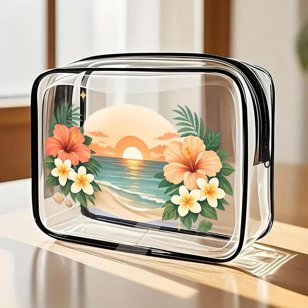 Hibiscus Flowers Palm Leaves And Beach Sunset Clear PVC Cosmetic Bag Tropical Vacation Style Zippered Portable Toiletry Organize