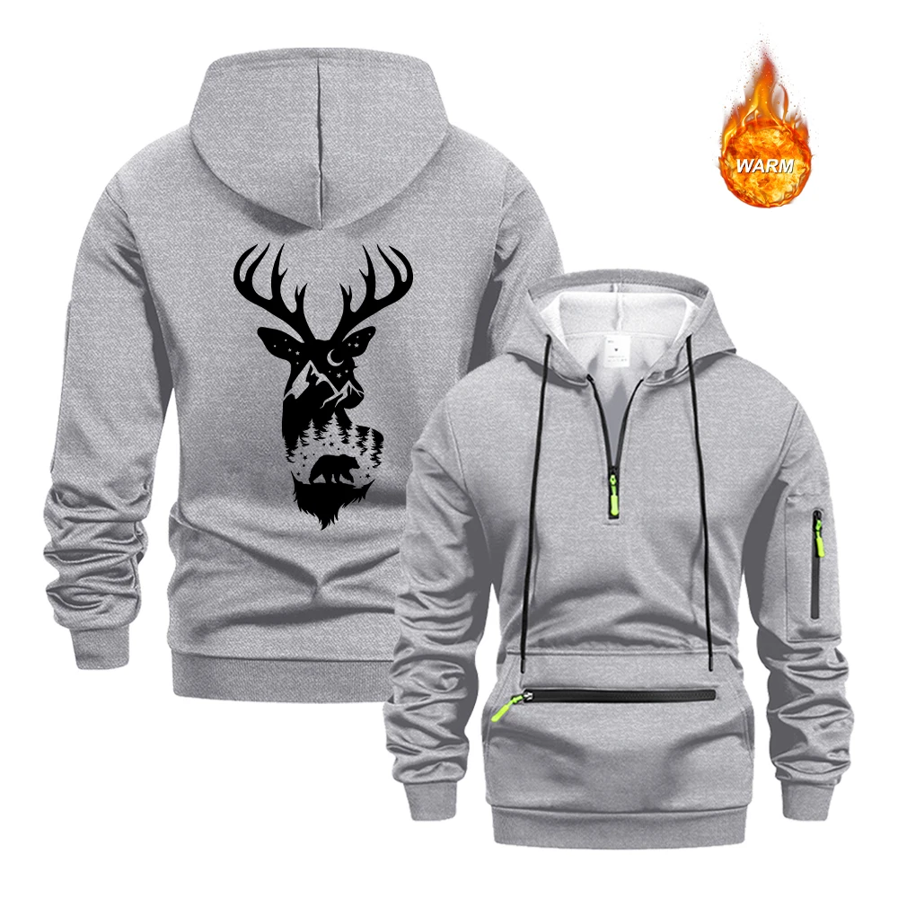 Men's Half Zip Hoodies Creative Deer Print Autumn Warm Pullover Sweatshirt With Zippered Pockets Casual Everyday Commute Top