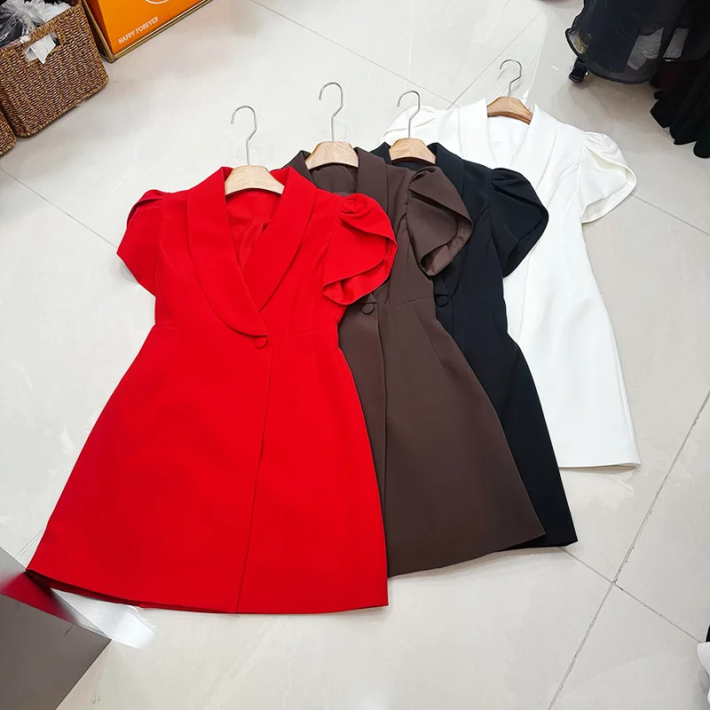 

2026 New Women's Puff Sleeve Blazer Dress, V-Neck Single Button Mini Dress, 4 Colors, Office & Party Wear