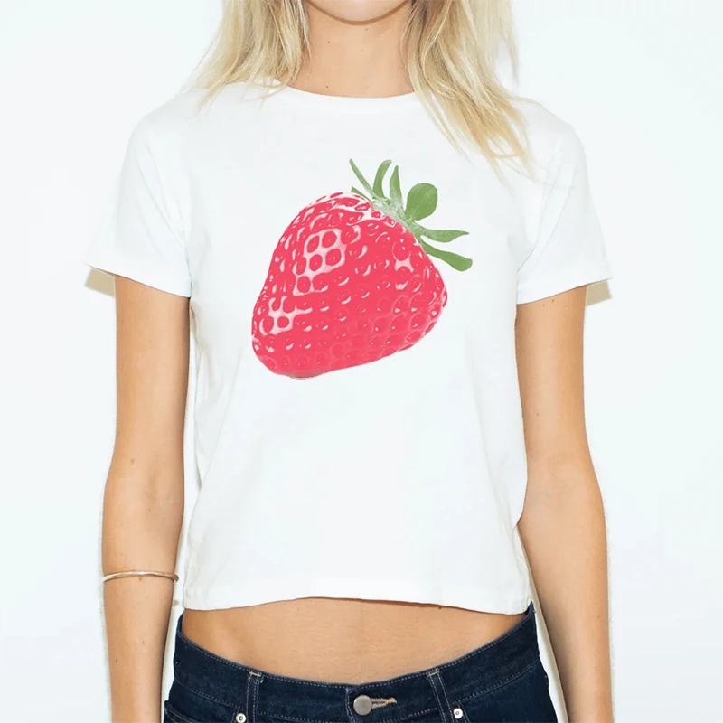 2024 Woman Tshirts Strawberry Print Cute Crop Tops Short Sleeve O-neck Baby Tee Gothic Vintage Casual Y2k Aesthetic Slim T-shirt