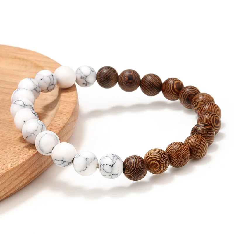 ZG Bracelet for Men and Women 8mm New Natural Wood Bead Black White Alternate Bracelet Women's Yoga Bangle Unisex Jewelry