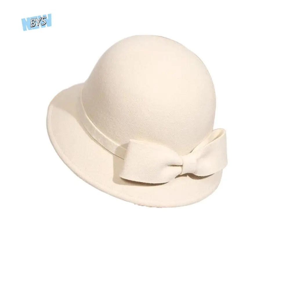 

Elegant Solid Color Bow Topper Hat French Style Keep Warm Women Fisherman Hat Flat-top Hepburn Woolen Bucket Hat Lady