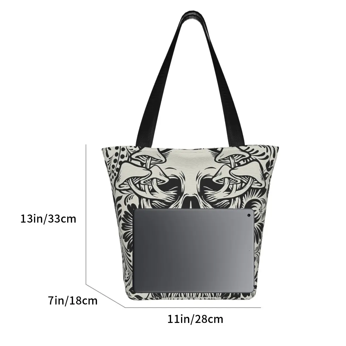 Skull Mushrooms  Gray & Black Goth Polyester outdoor girl handbag, woman shopping bag, shoulder bag, canvas bag, gift bag