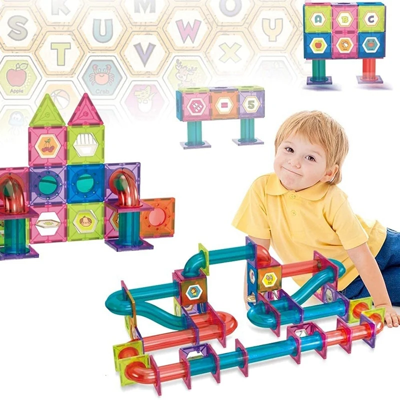 กระเบื้องแม่เหล็ก 77 ชิ้นท่อบล็อกแม่เหล็กสําหรับเด็ก 3D Magnetic Building Blocks กระเบื้องชุด 8 สี Marbles STEM ของเล่น