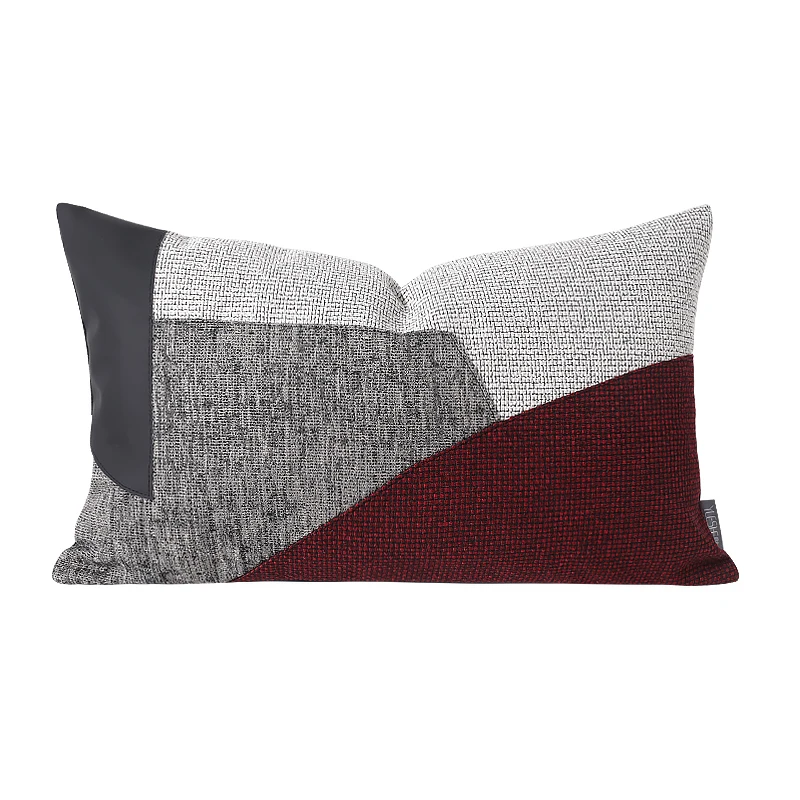 Simple modern geometric fabric stitching waist pillow light luxury model room living room sofa red pillow leather pillow cover