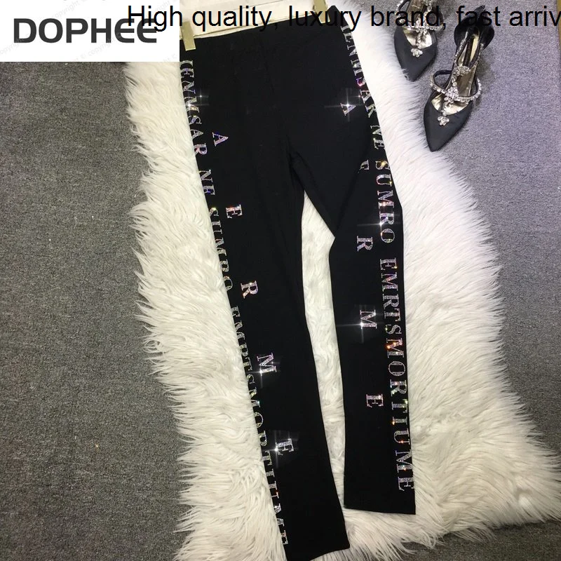 Letters Hot Blingbling Drilling Female Bottoming All-match Elastic High Waist Black Skinny Pants Out Wear Street Leggings