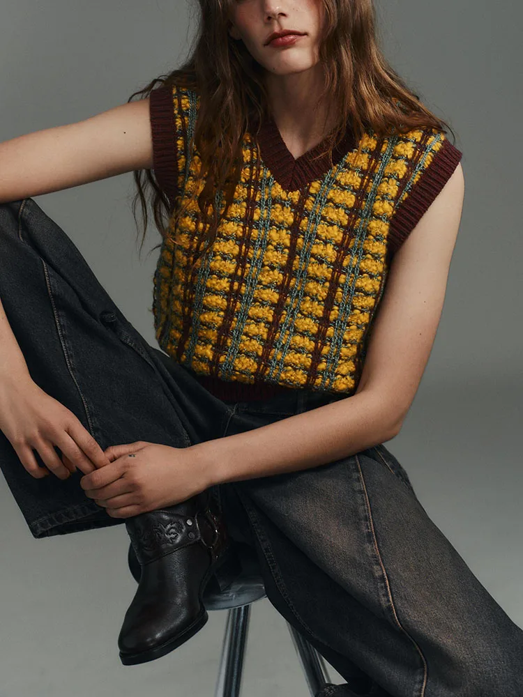 Faionable-Chaleco de punto con textura V-Ne, dulce y versátil, suéter de punto holgado informal para mujer, novedad de invierno 2025, 2025