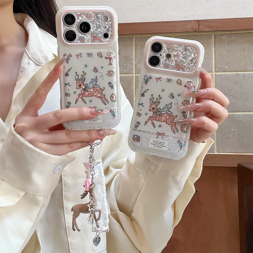 Korea Kawaii Cartoon Flower Deer Glitter Phone Case For iPhone 18 Pro Max 18 Pro 17 16 15 Cute Anti Drop Full Protection Cover