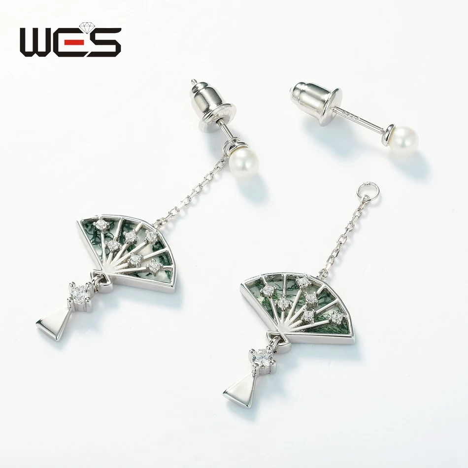 أقراط نسائية على شكل مروحة من الفضة الإسترلينية ، عقيق طحلب فريد من نوعه ، على الطراز الصيني ، مجوهرات راقية ، هدايا خطبة #6