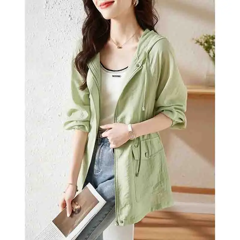 2024 Female Mid Length Version Fruit Green Sunscreen Jacket Women New Summer Appear Thin Sunshade Fruit Green Sunscreen Top Coat