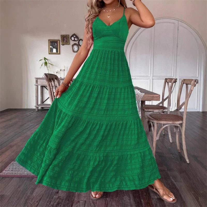Sexy Hosenträger-Kleid mit V-Ausschnitt, einfarbig, großer Saum, Fliege, langer Rock für Damen, Strand, Party, Date, Nacht, feminines Sommer-Outfit
