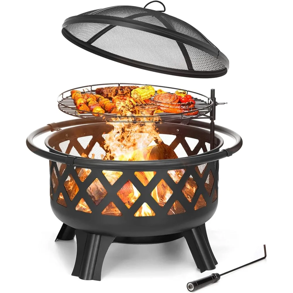 

2 in 1 Fire Pit with Cooking Grate 30'' Wood Burning Firepit Outdoor Fire Pits Steel Firepit Bowl Outside with Swivel BBQ Grill,