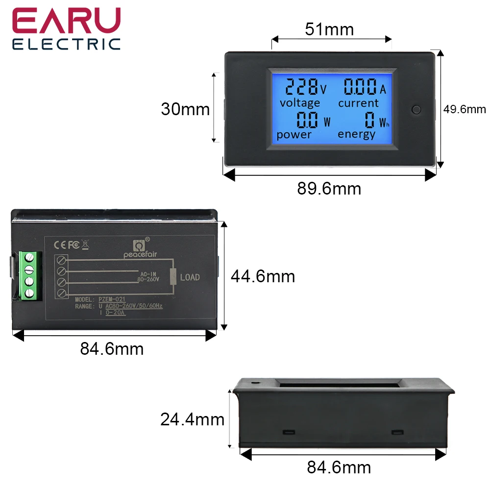 20A 100A AC 80-260V DC 6.5-100V Digital LED Display Voltmeter Ammeter Wattmeter Power Energy Meter 12V 24V 110V 220V Volt Tester