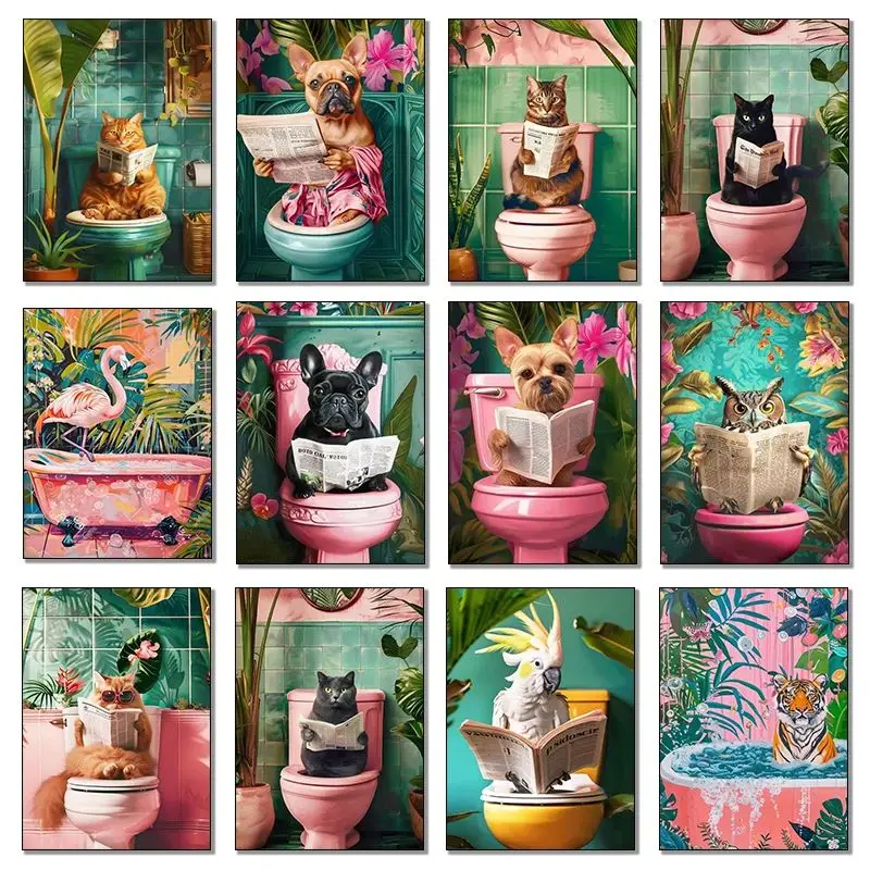 Flamingo Reads News with Tiger – Funny Toilet Black Cat Dog Bear Frameless Canvas Poster for Bathroom Wall Art Decor
