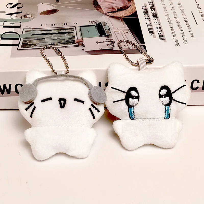 Cute Headphones Kitten Couple Keychain Mini Crying Cat Doll Plush Keyrings For Two Kawaii Small Cat Keychain For Bag Pendant