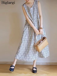 Oversized Sleeveless Vests Summer Striped Print Dress Women Fashion Ruffle Pleated Ladies Dresses Loose Woman Midi Vests Dress