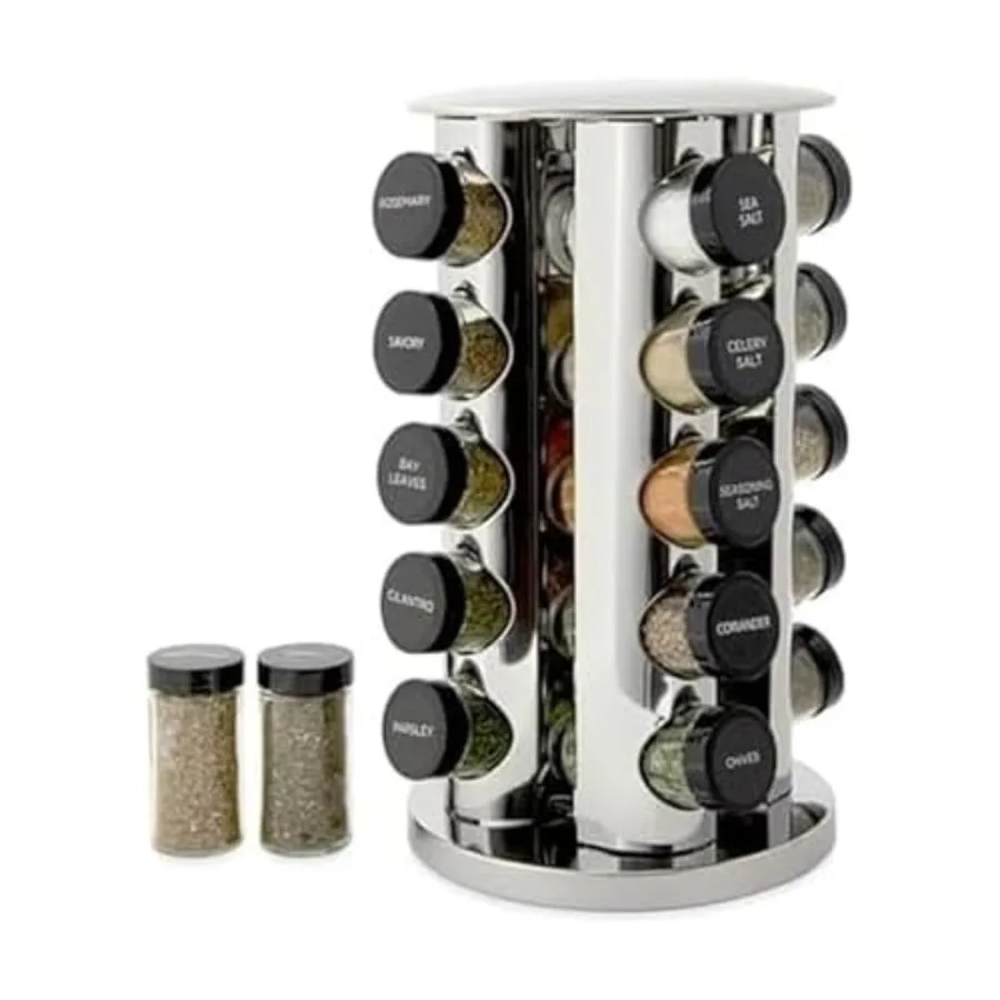 

20 Jar Revolving Countertop Spice Rack with Spices Included FREE Spice Refills for 5 Years Polished Stainless Steel with Black