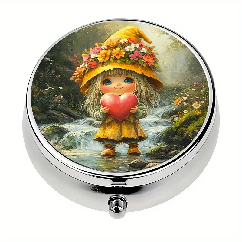 Single pack, pill box with 3 compartments, portable pill box with a red heart for a blonde little girl, suitable for purse or wallet, pill box, vitamin storage box, suitable for outdoor travel and office storage