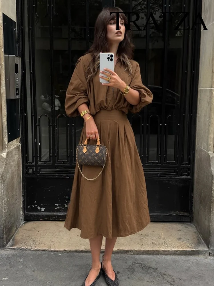 

TRAFZA Women's Autumn Fashion Three-quarter Sleeves Lapel Zipper Top+Pleated Lantern Flower Bud Casual 2-Color Long Skirt Suit