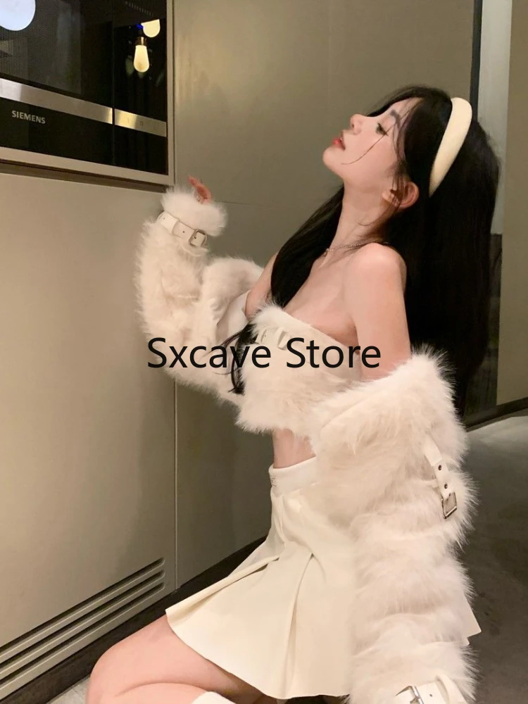 Sexy 3 Piece Skirt Set Women Casual Long Sleeve Coat + Bodycon Tube Tops + Sweet Mini Skirt Evening Party Clothing 2023 Autumn