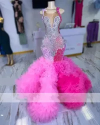 Pink Silver Rhinestones Prom Dresses Black Girl Luxury Mermaid Beading Ruffles Birthday Evening Gala Party Gown Customized