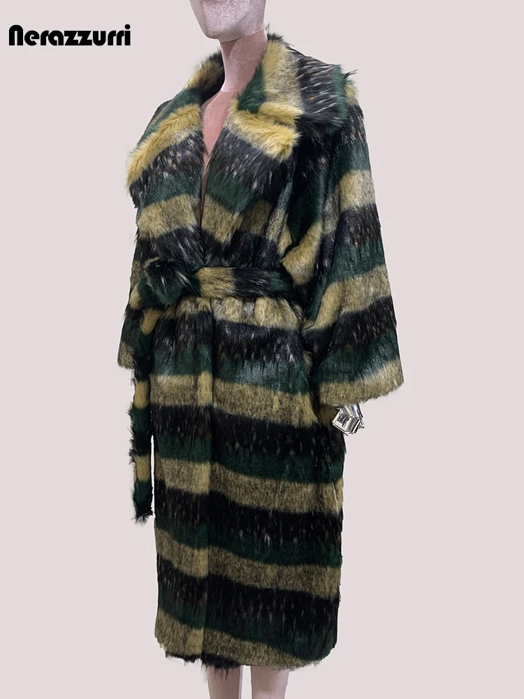 Nerazzurri Jesień Zima Długi Ciepły Gruby Pasiasty Włochaty Miękki Sztuczny Futrzany Płaszcz Damski Luksusowe Markowe Ubrania Moda Pokazowa