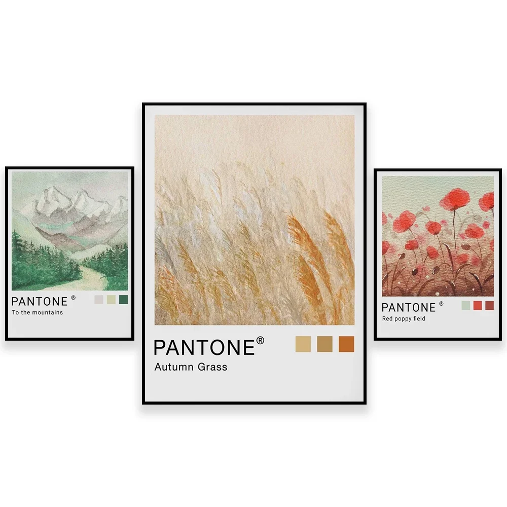 Pine fog forest, ocean, mountain road, red poppy field art, autumn pantone aesthetic poster, pantone nature poster watercolor