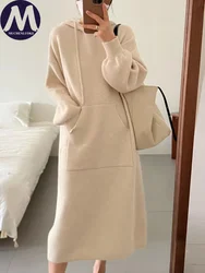 Womens Dresses Autumn/Winter New Lazy Style Knit Hooded Sweaters Dress Fashion Casual Loose Women Mid Length Pullover Dresses