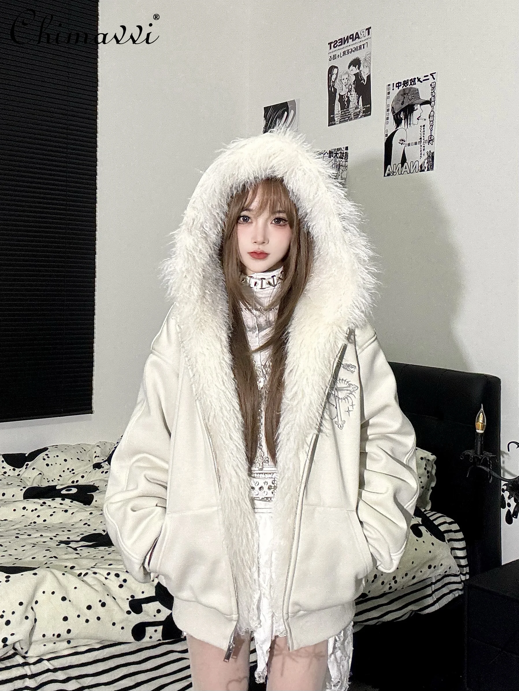 Original Gothic Sub-culture White Fur Collar Loose Plush Hooded Sweatshirt Jacket Winter Japanese Loose Long-sleeved Warm Coat