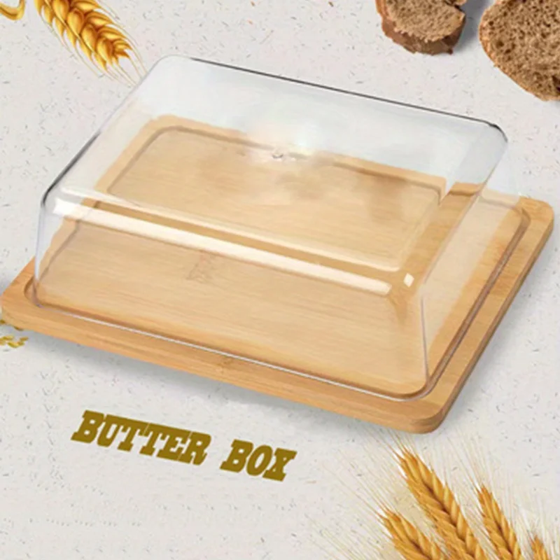 Bamboo Butter Dish Rectangular Cheese Storage Tray Plate Food Container With Glass Acrylic Lid Keeper Tool Kitchen Tableware