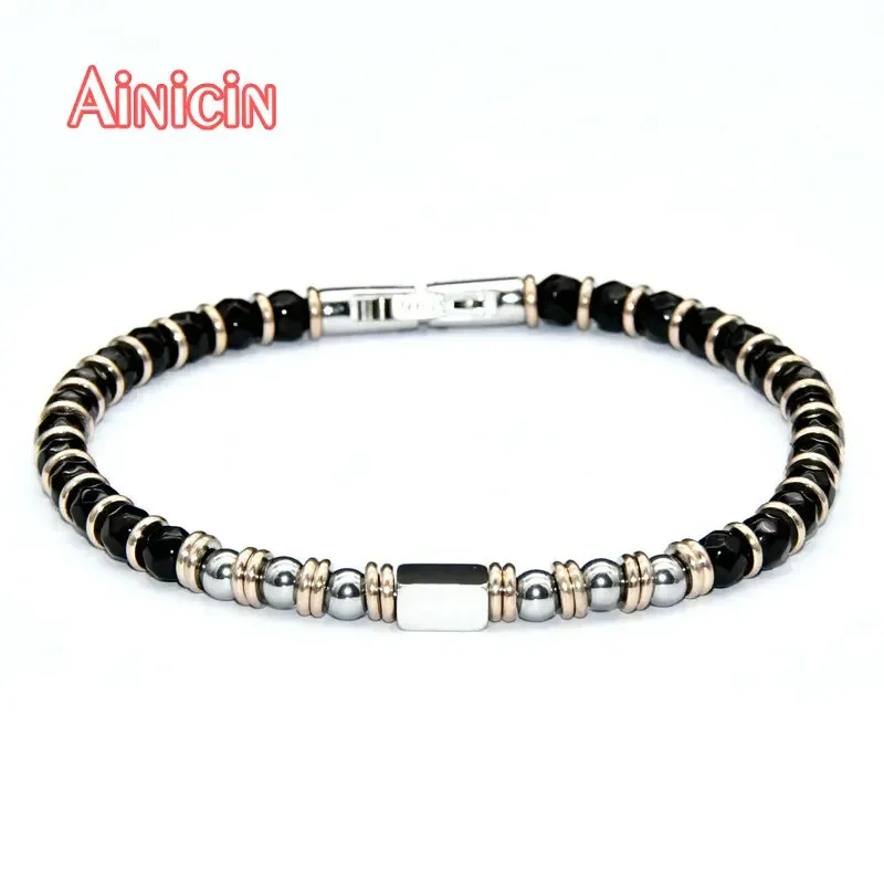 High Quality Black Faceted Agate Round Beads Stainless Steel Bracelet For Fashion Men\'s Jewelry