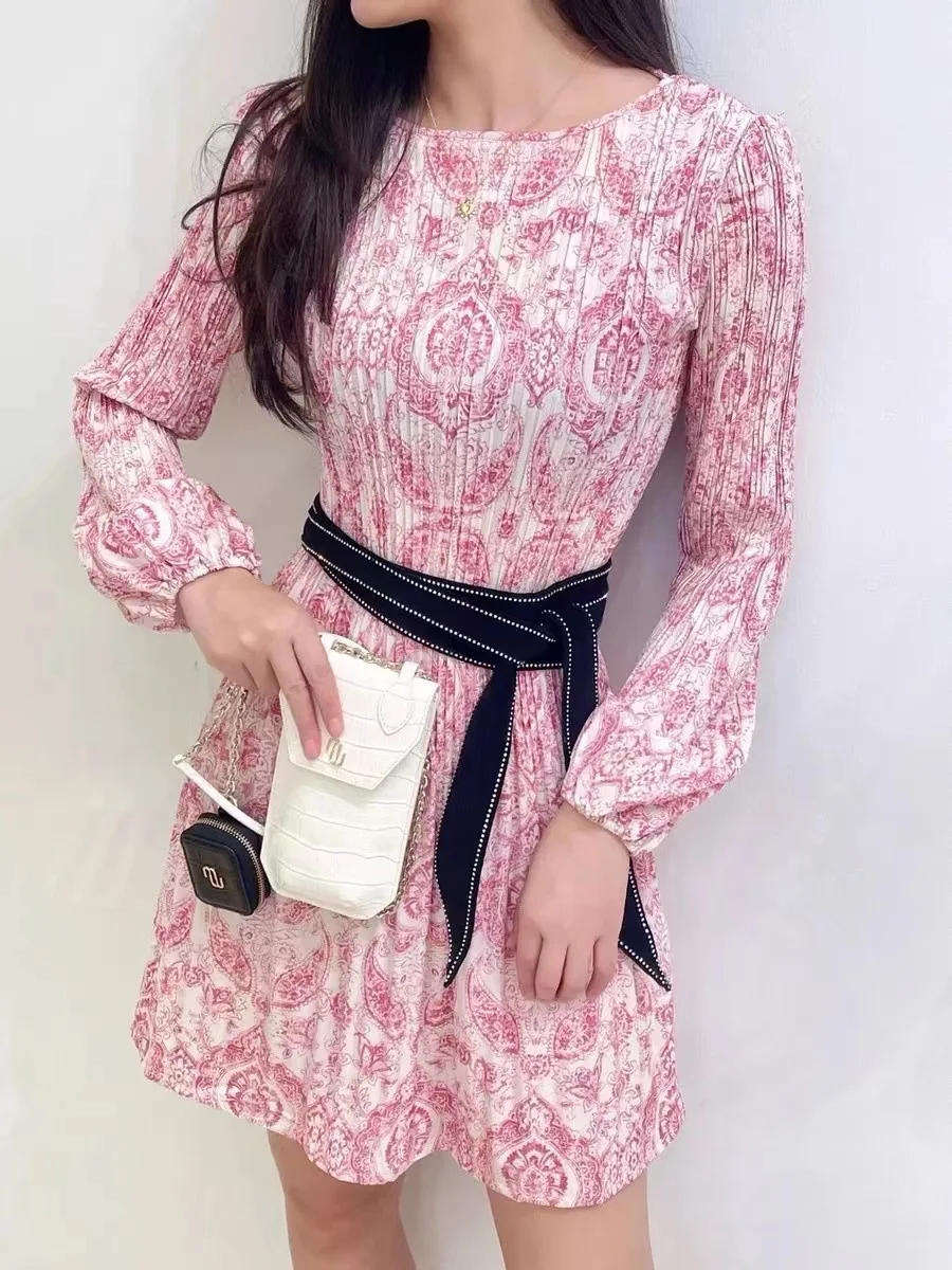 

2022 Spring/Summer Women's Elegant Print Dress Puff Sleeves Round Neck Office Ladies Comfortable Dress Women