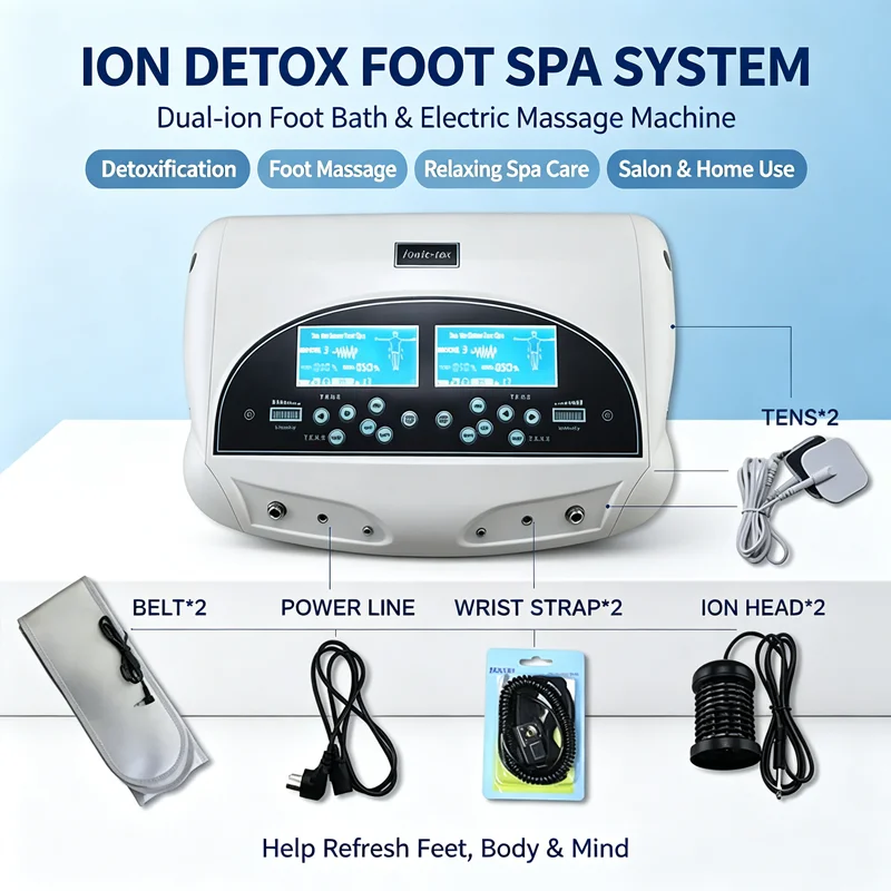 Dual Ionic Detox Foot Bath SPA System Feet Electric Massager LCD Display Cell Detoxification Machine with Two Arrays and Belts