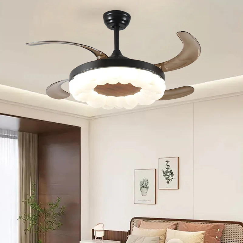 Cream cloud silent invisible ceiling fan light 42inch large wind restaurant ceiling fan lamp with remote control led light