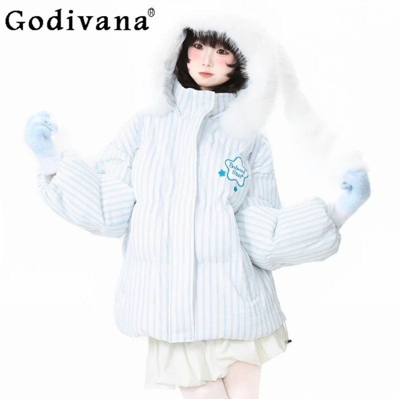 

Хлопковая куртка на утолщенном пуху со звездами для женщин, зимняя уличная одежда, хлопковое пальто, женская плюшевая верхняя одежда в японском стиле, парки