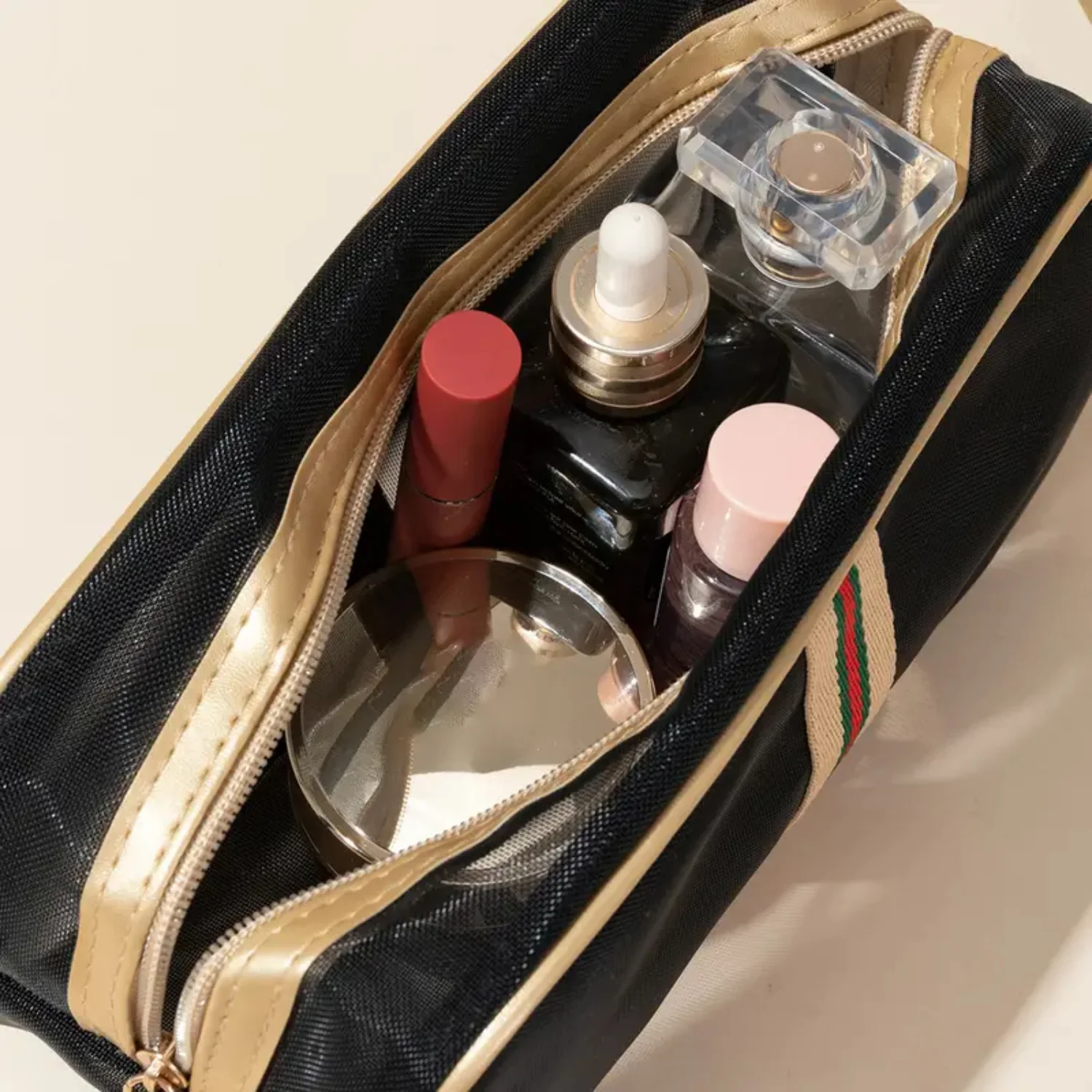 Borsa per cosmetici in filato netto nero: elegante borsa da toilette per trucco in rete per una facile organizzazione e viaggi, perfetta per cosmetici eyeliner