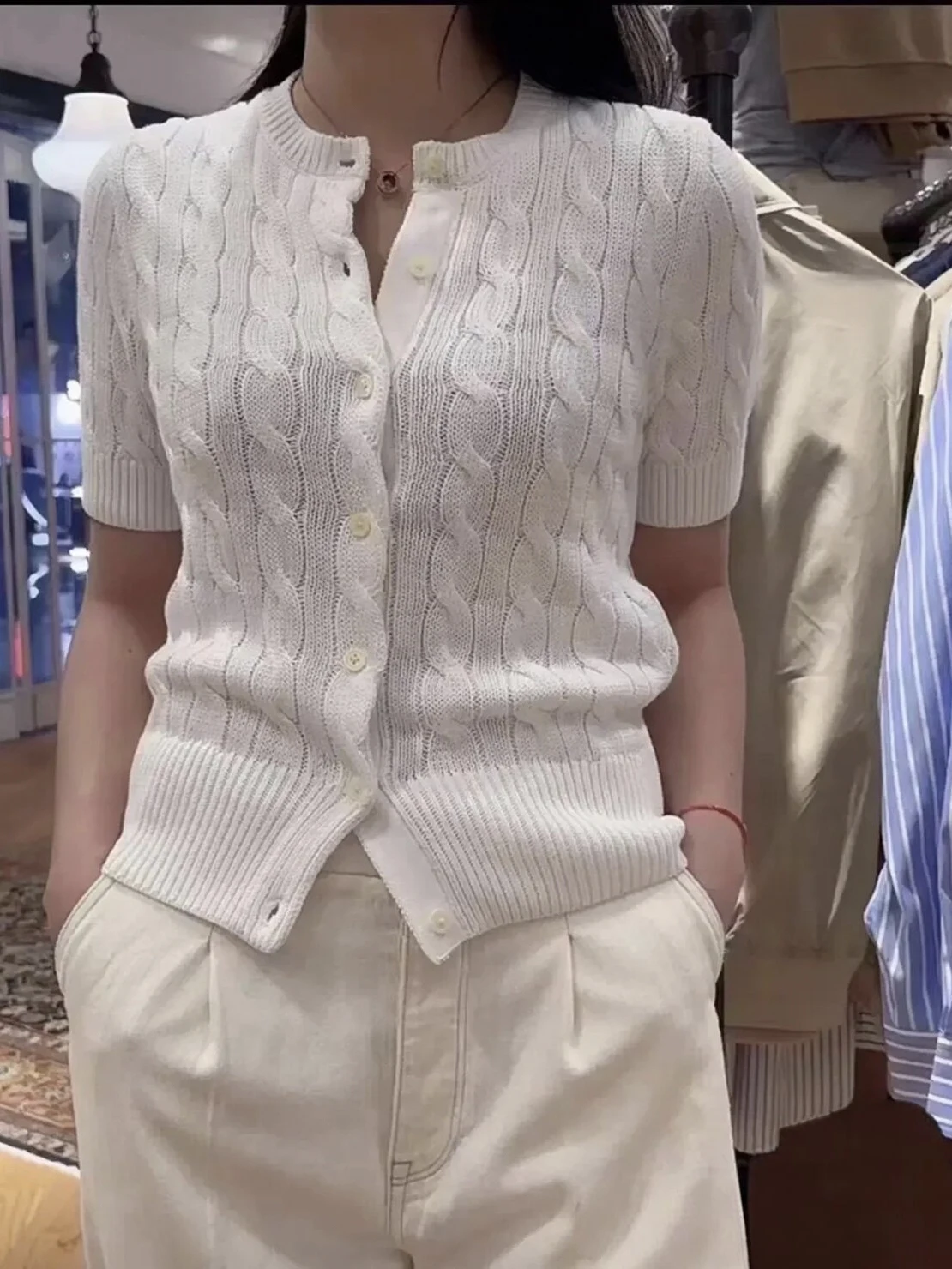 Spring Summer New Style Small Embroidery Knitted Short Sleeve round Neck Twist Waist Slim Fit Single Button Open Cardigan for...