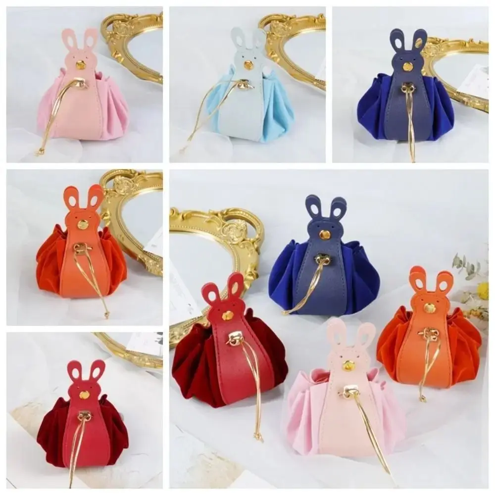 New Velvet Drawstring Bag Large Capacity Cartoon Rabbit Ear Handbag PU Leather Candy Bag