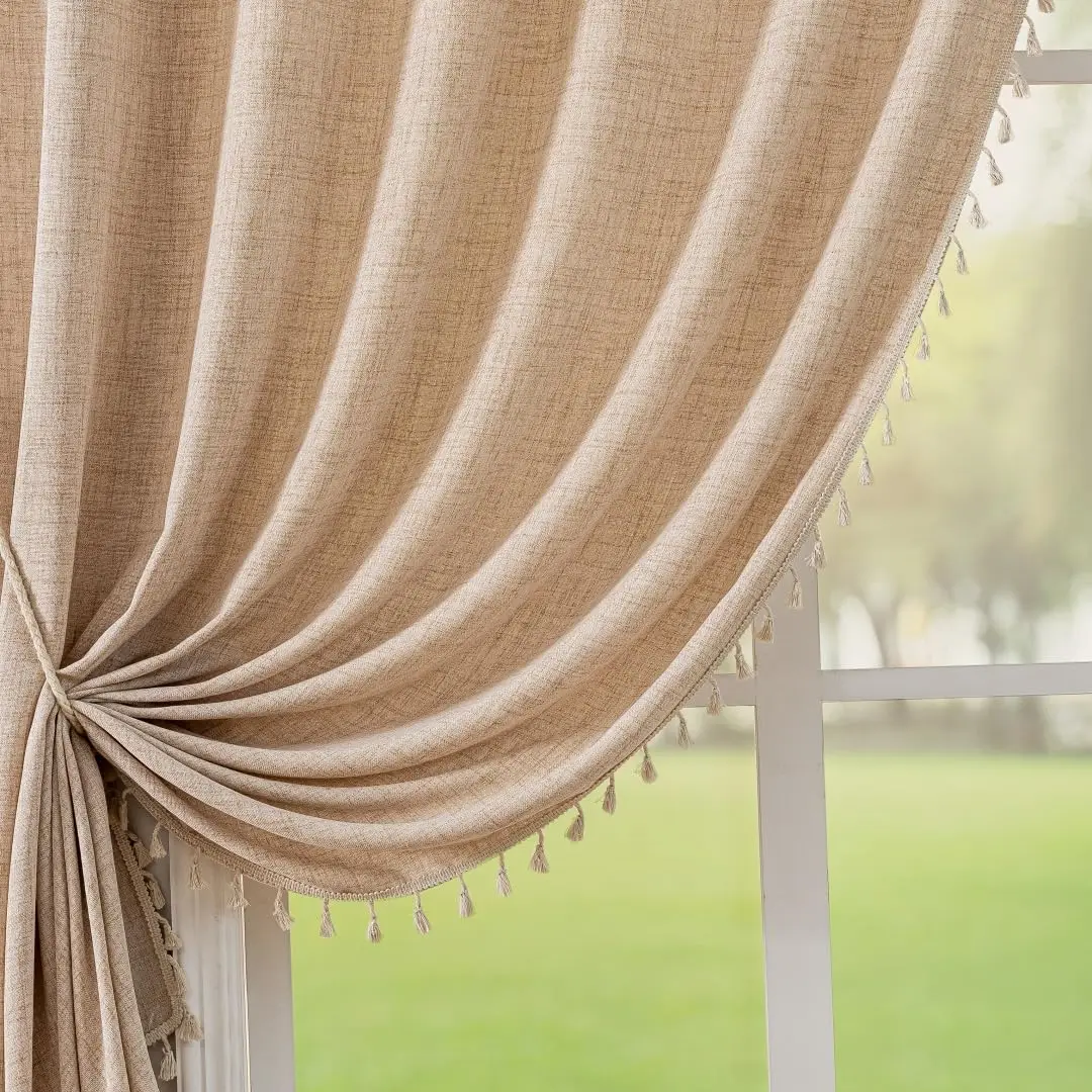 

Farmhouse Cotton Linen Curtains,Macrame Trim Light Filtering Curtains Rustic Rod Pocket Window Treatments for Dining Living Room