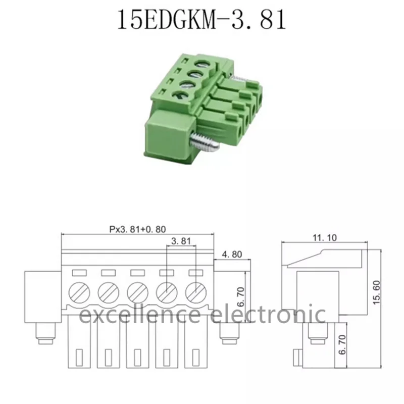 5Sets 3.81MM Pitch Through Wall Plug in Terminal Blocks 15EDG 3.81 2/3/4/5/6/7/8pin Plug + Pin Header Socket Set